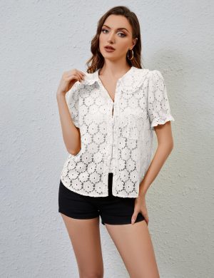 Women Puff Short Sleeve Blouse Shirts Peter Pan Collar Button Down Embroidered Lace See Through Tee Tunic Tops