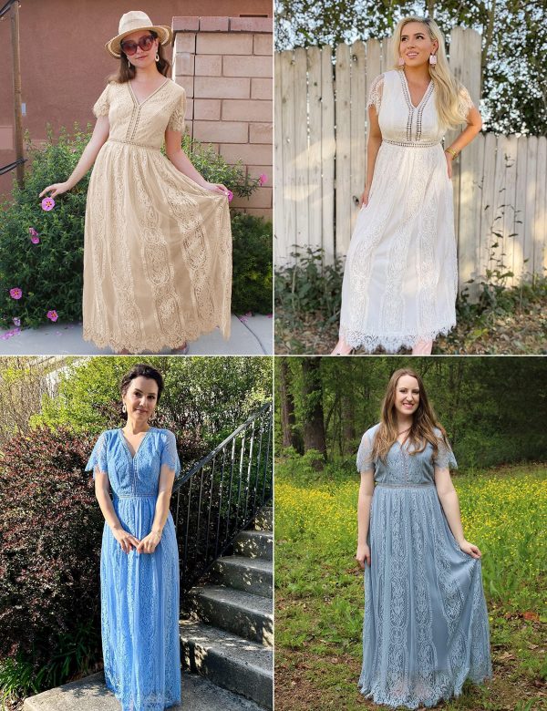 Women's V Neck Short Sleeve Floral Lace Wedding Dress Bridesmaid Cocktail Party Maxi Dress